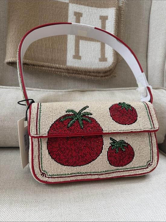 STAUD Handbags - Staud, Beaded Tomato Motif Shoulder Bag - Red/Cream
